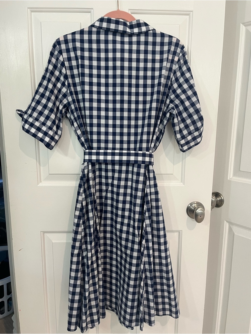 Calvin Klein Navy and White Gingham Midi Shirt Dress - Picture 2 of 5